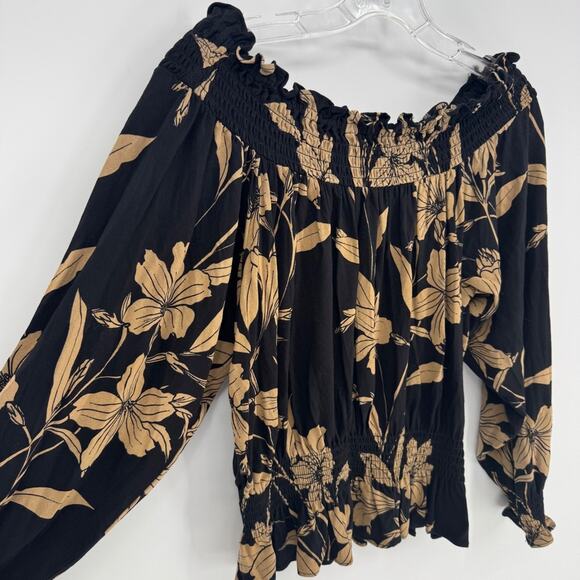 Lauren Ralph Lauren Black Tan Floral Off Shoulder Smocked Long Sleeve Blouse S - Picture 4 of 8